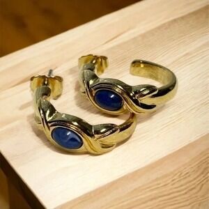 Vintage 1990 Avon Blue‎ Iris Earrings Hoops Pierced Gold Tone